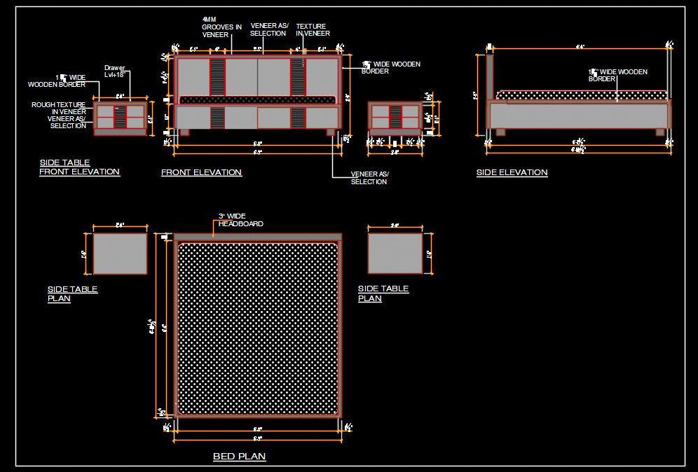 Double Bed Furniture Detail in Autocad -  Plan & Elevations